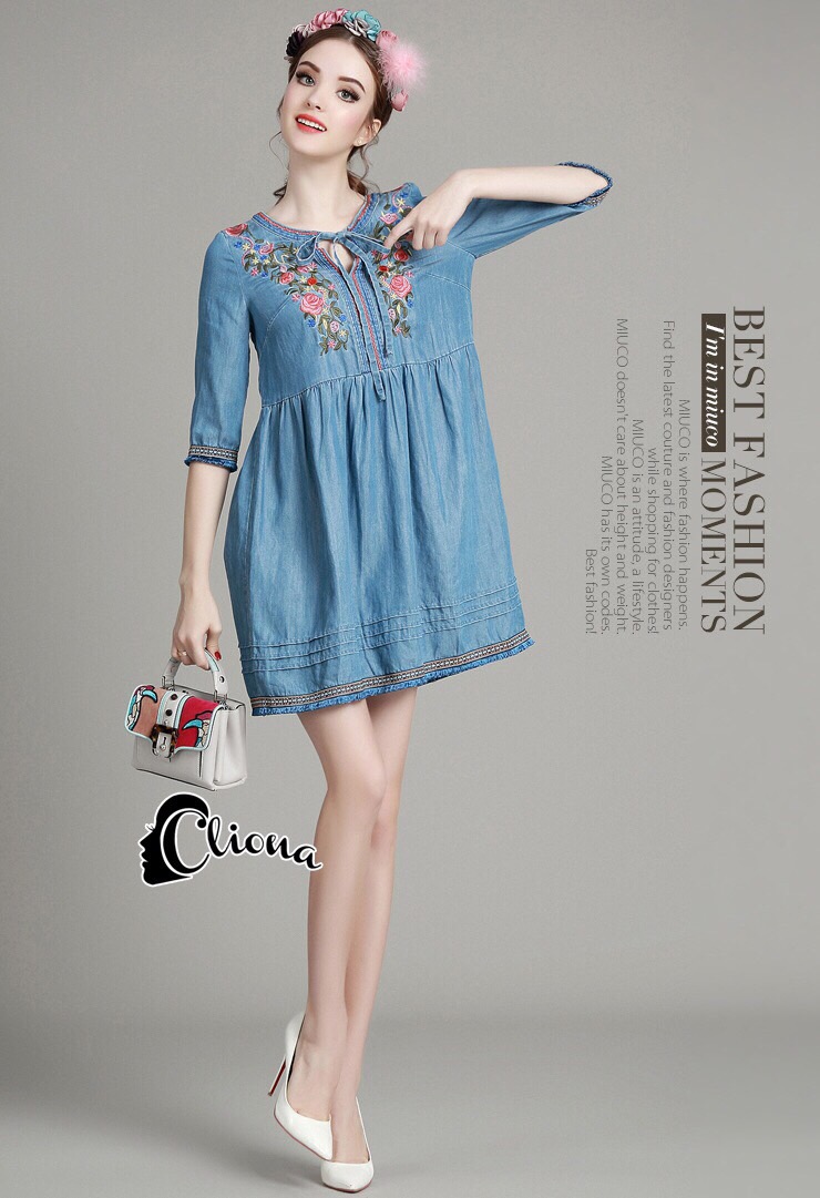 Lady Ribbon Online CN04090616 พร้อมส่ง Cliona Made' Mira Embroidered Cute Denim Dress