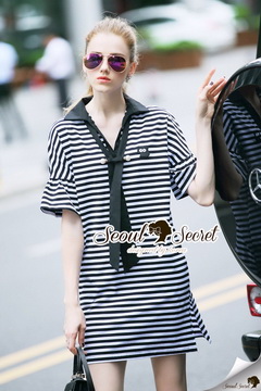 Lady Ribbon Online ขายส่งเสื้อผ้าออนไลน์พร้อมส่งของแท้ SS01220716 Seoul Secret Say's...Neck Tie Stipty Chic Chill Dress