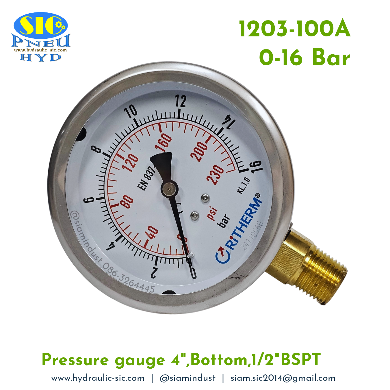 1203-100A Pressure Gauge เกจวัดแรงดันหน้าปัด 4" เกลียว 1/2" BSPT ออกข้าง RiTHERM