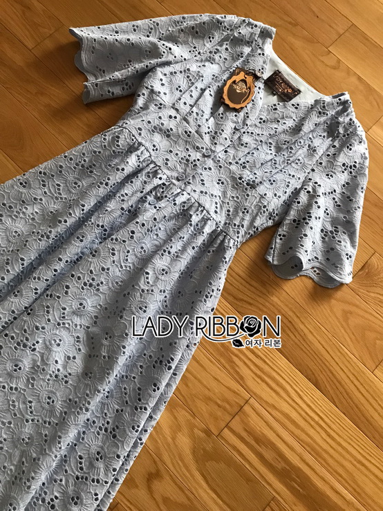 Dress เดรสผ้าคอตตอนสีฟ้าอ่อนปักและฉลุลาย