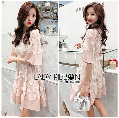 Mini Cocktail Dress มินิเดรสผ้าชีฟองปักดอกไม้สีชมพูอ่อน