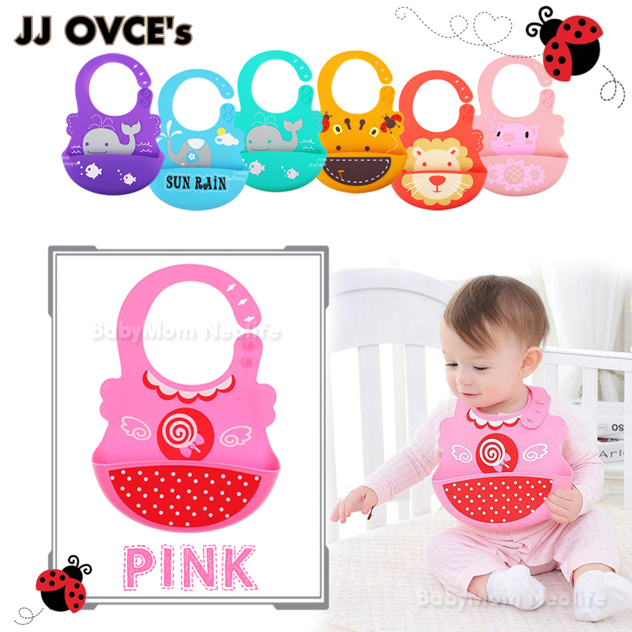 JJOVCE ซิลิโคนกันเปื้อน รองเศษอาหาร เนื้อนุ่ม ยืดหยุ่น กันน้ำ ปรับได้ 3 ระดับ สีชมพู