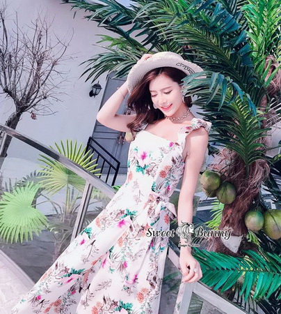 ชุดเดรสดอกเกาหลีผ้าจอร์เจียร์