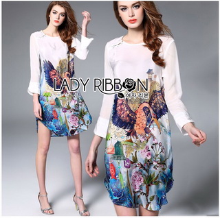 Lady Ribbon Online ขายส่งเสื้อผ้าออนไลน์เลดี้ริบบอน LR10010816 🎀 Lady Ribbon's Made 🎀 Lady Olivia Smart Casual Colourful Printed Dress เดรสผ้าสีขาว