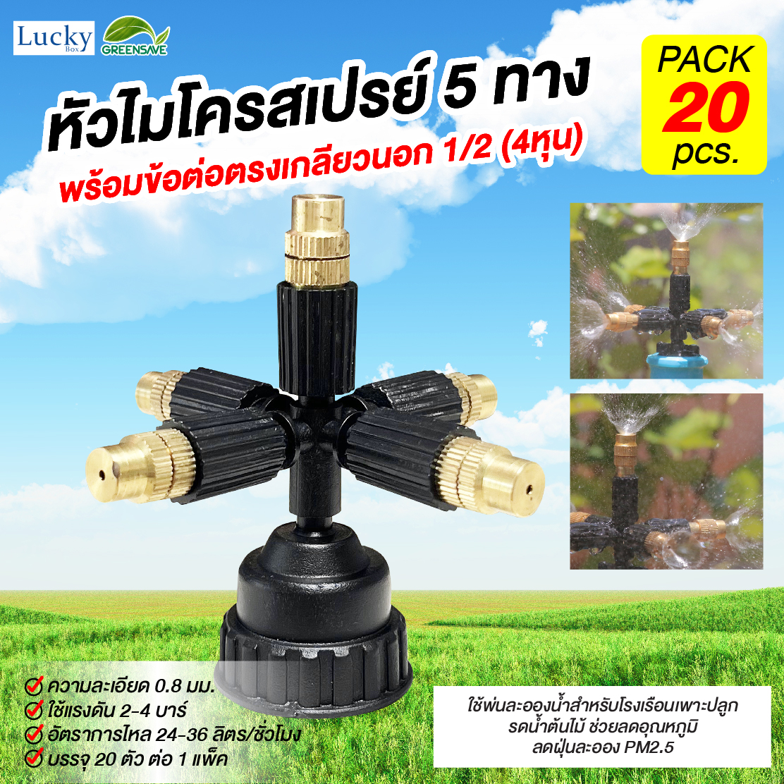 หัวไมโครสเปรย์ ทองเหลือง 5 ทาง ความละเอียด 1 มม. พร้อมหัวต่อตรงเกลียวใน ขนาด 4 หุน และ 6 หุน (แพ็ค 20 ชิ้น)