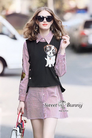 เสื้อเชิ้ตยาว+กั๊กดำเสื้อเชิ้ตลายริ้วสีขาวแดง