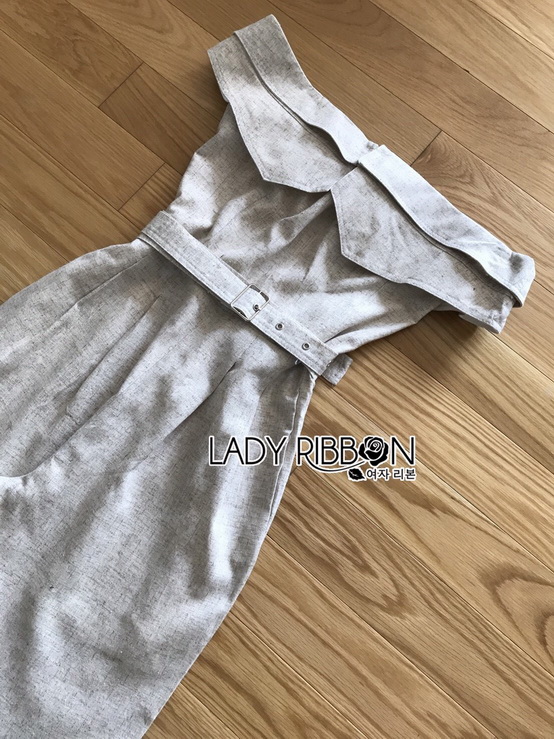 จัมป์สูทผ้าลินินทรงเปิดไหล่ตกแต่งเลเยอร์