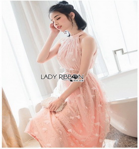 Tulle Peach Cocktail Dress Lady Ribbon เดรสผ้าทูลเล