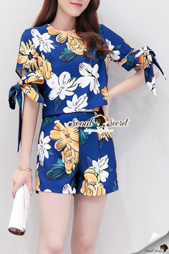 Lady Ribbon Online เสื้อผ้า ออนไลน์ ของแท้ SS17230616 Seoul Secret Say's .... Summer Shinely Blue Blossom Bow Tie Sleeve