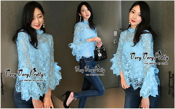 เสื้อลูกไม้ทรงคอตั้งสวยหวานค่ะ ตัวเสื้อทรงปล่อย
