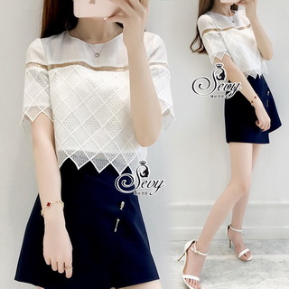 Sevy Two Pieces Of Lace Blouse With Oblique Shorts Sets