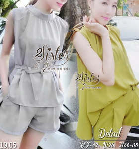 ผ้าแฟชั่นเกาหลีเซ็ตเสื้อ+กางเกงขาสั้นใส่เข้าชุดกัน เนื้อผ้าpolyester