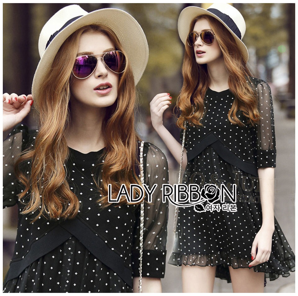 Lady Ribbon's Made lady ribbon dress 🎀 Lady Elena Feminine Cross Dot Printed Chiffon and Knitted Dressเดรสผ้าชีฟองตกแต่งผ้า