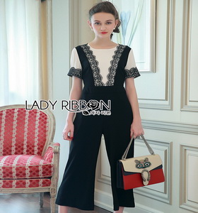 Lady Ribbon Black & White Lace Jumpsuit ขายจัมป์สูทผ้าเครป