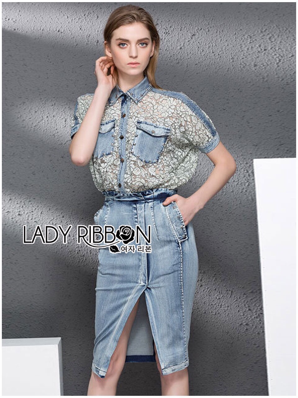 Lady Ribbon Online เสื้อผ้า ออนไลน์ ขายส่ง LR04230616 🎀 Lady Ribbon's Made 🎀 Lady Sabina Smart Vintage Lace and Denim Shirt Dress เ