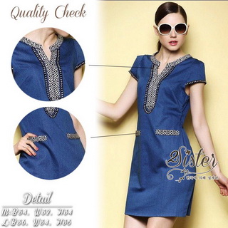 2Sister Made, Beauty Navy Jeans Vintage Dress เดรสยีนส์ลุคเก๋ๆ เนื้อผ้าเดนิมสีเข้ม ดีเทลแขนสั้น