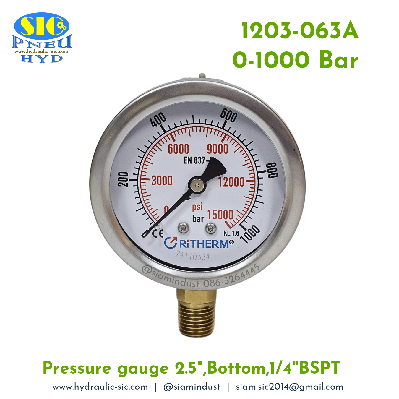 1203-063A Pressure Gauge เกจวัดแรงดันหน้าปัด 2.5" เกลียว 1/4"BSPT ออกข้าง RiTHERM