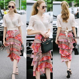 Lady Ribbon Online เสื้อผ้าออนไลน์ขายส่ง เสื้อผ้า Normal Ally NA07040816 🎉Normal Ally Present Casual summer V-neck bow back shirt and vintage print layer skirt set🎉 (เสื้อ + กระโปรง, มีซับในอย่างดี)
