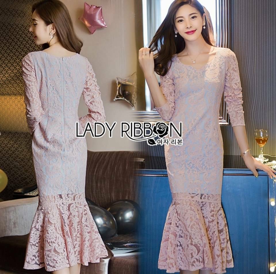 เดรสผ้าลูกไม้สีชมพูซับในสีฟ้าชายระบาย