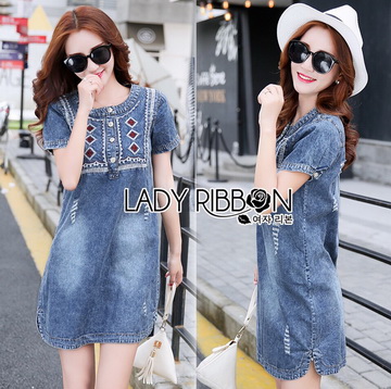 Lady Ribbon Online ขายส่งเสื้อผ้าออนไลน์ของแท้ LR02070716 🎀 Lady Ribbon's Made 🎀 Lady Andrea Tribal Embroidered Denim Mini Dress