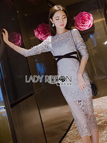 Lady Vanessa Soft Elegant Blue Lace Midi Dress