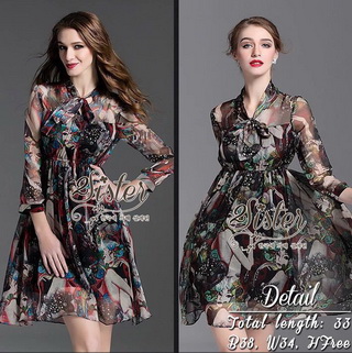 2Sister Made, 2 Premium Black Vintage Style Korea Fashion เดรสลุคสบายๆ เนื้อผ้าchiffonพริ้วใส่สบาย