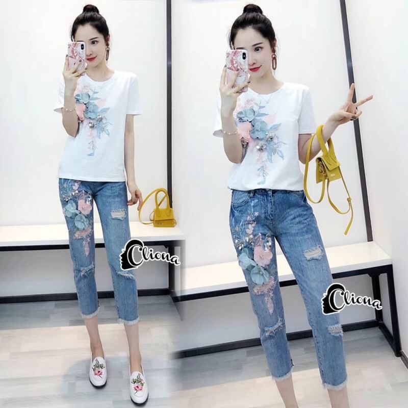 เซ็ทยีนส์ เสื้อ+กางเกง เสื้อยืดแขนสั้นผ้า