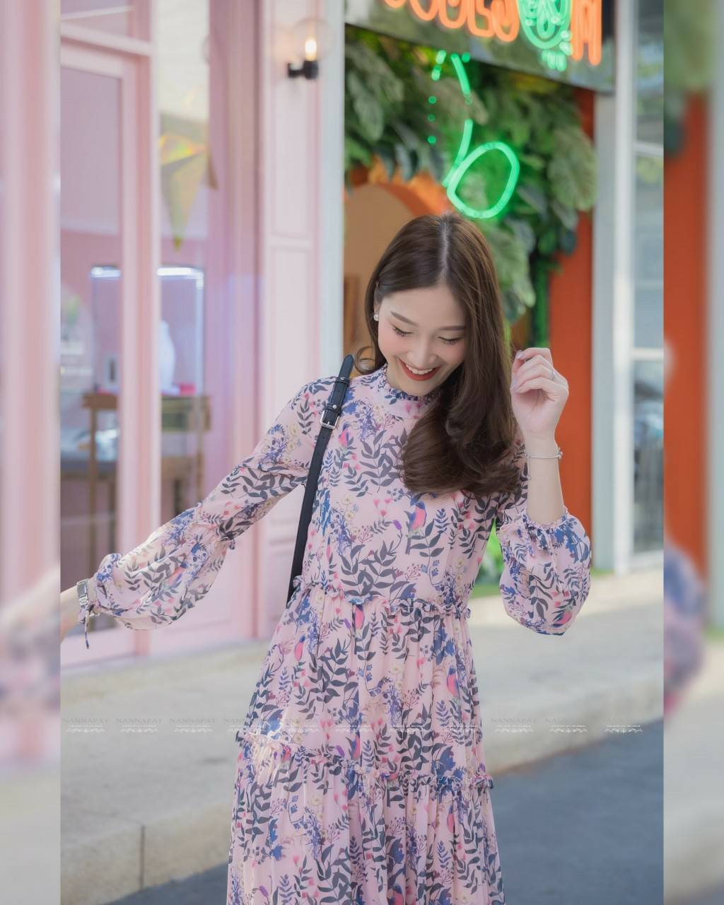 เดรสยาวซิปหลัง แขนยาวพองๆน่ารัก