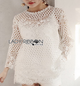 Lady Ribbon White Lace Long Blouse