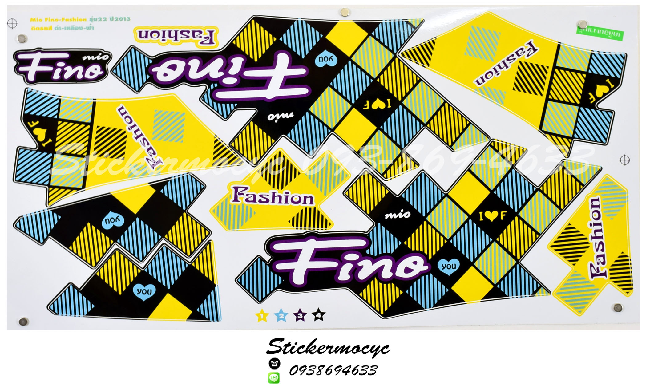 สติ๊กเกอร์ติดรถ มอเตอร์ไซค์ ยามาฮ่า ฟีโน่ Sticker Yamaha Fino Fashion ปี 2013 รุ่น 22 ติดรถ สีดํา เหลือง ฟ้า (เคลือบเงาแท้)