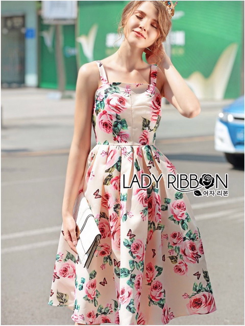 เดรสผ้าเครปพิมพ์ลายดอกกุหลาบบาน