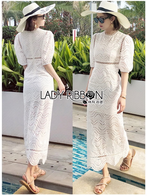 เดรสยาวผ้าคอตตอนสีขาวปักและฉลุลายทรงวินเทจ