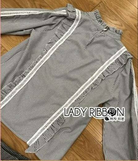 เซ็ตเสื้อแขนยาวผ้าลายสก็อตตกแต่งระบาย