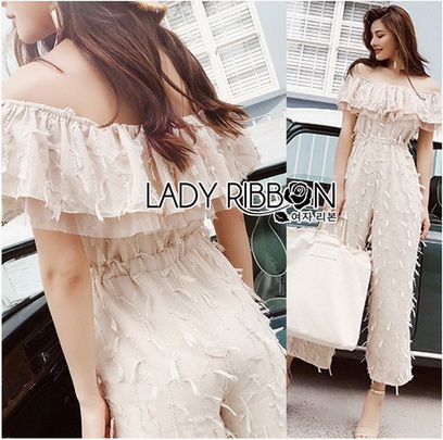 จัมป์สูทผ้าชีฟองตกแต่งลูกไม้ทรงเปิดไหล่