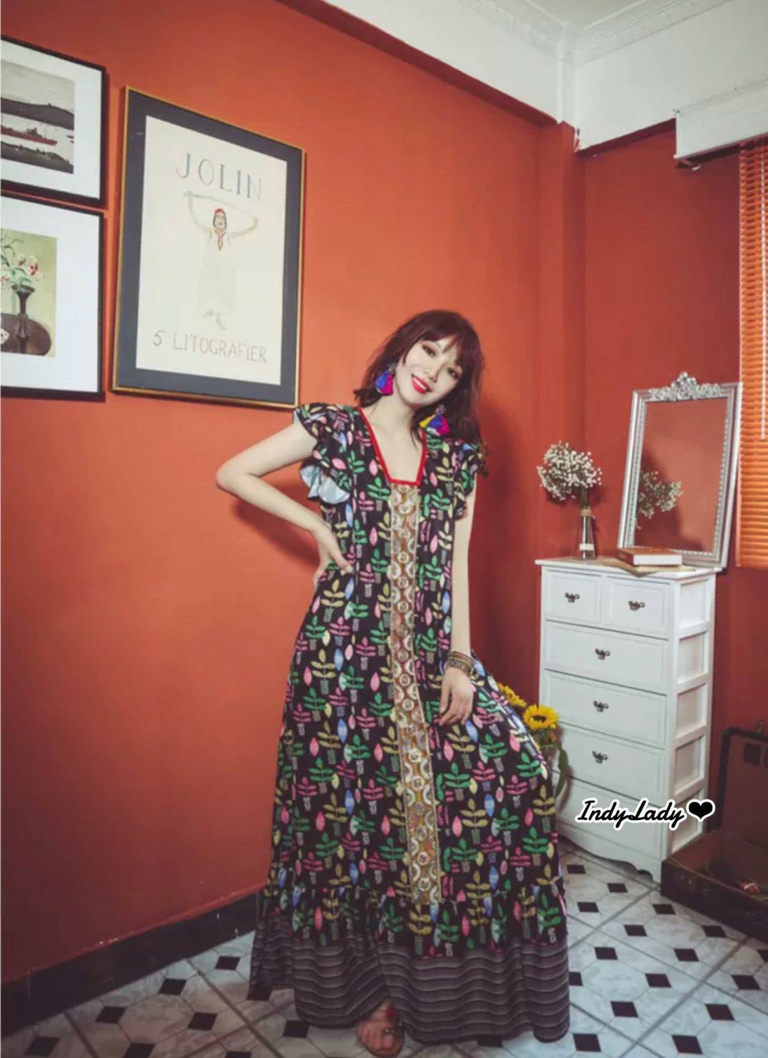 เดรสยาว สไตล์ Bohemian แขนระบาย