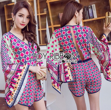 Lady Ribbon Online ขายส่งเสื้อผ้าออนไลน์ของแท้ LR09070716 🎀 Lady Ribbon's Made 🎀 Issue Cassandra Colourful Printed Kimono Playsuit