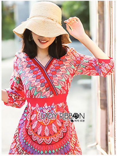 เดรสผ้าเครสพิมพ์ลายขนนกสีสดใส