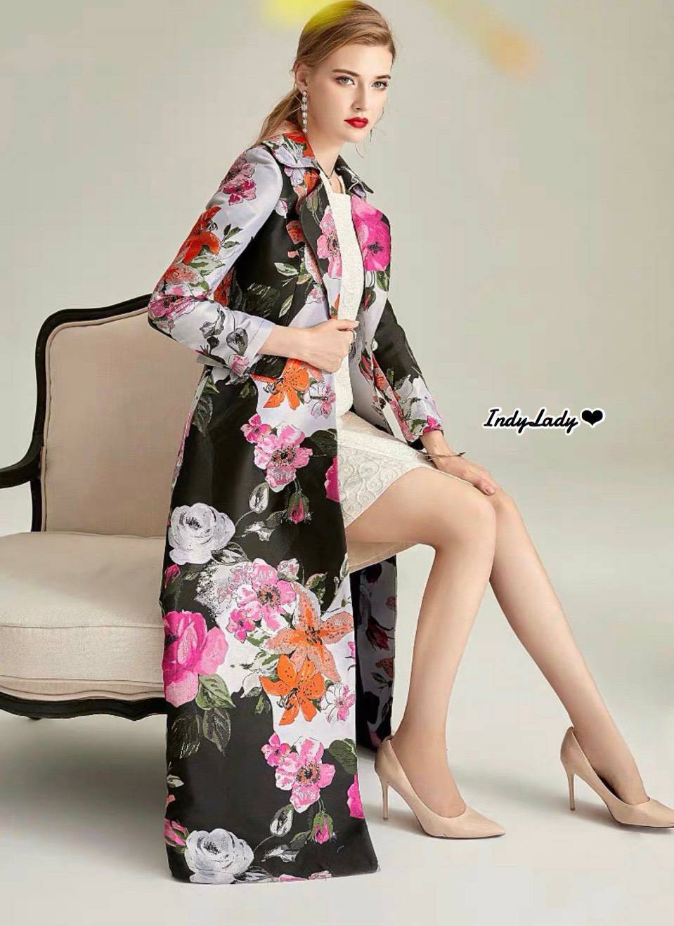 Dress คอปกแขนยาวทอลายดอกไม้