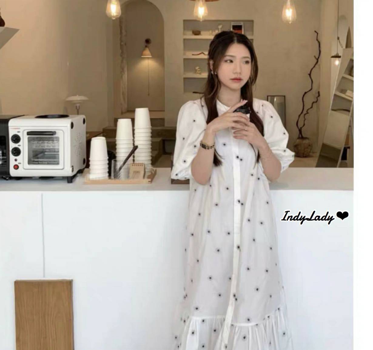 Dress แขนสั้นพองกระดุมหน้า