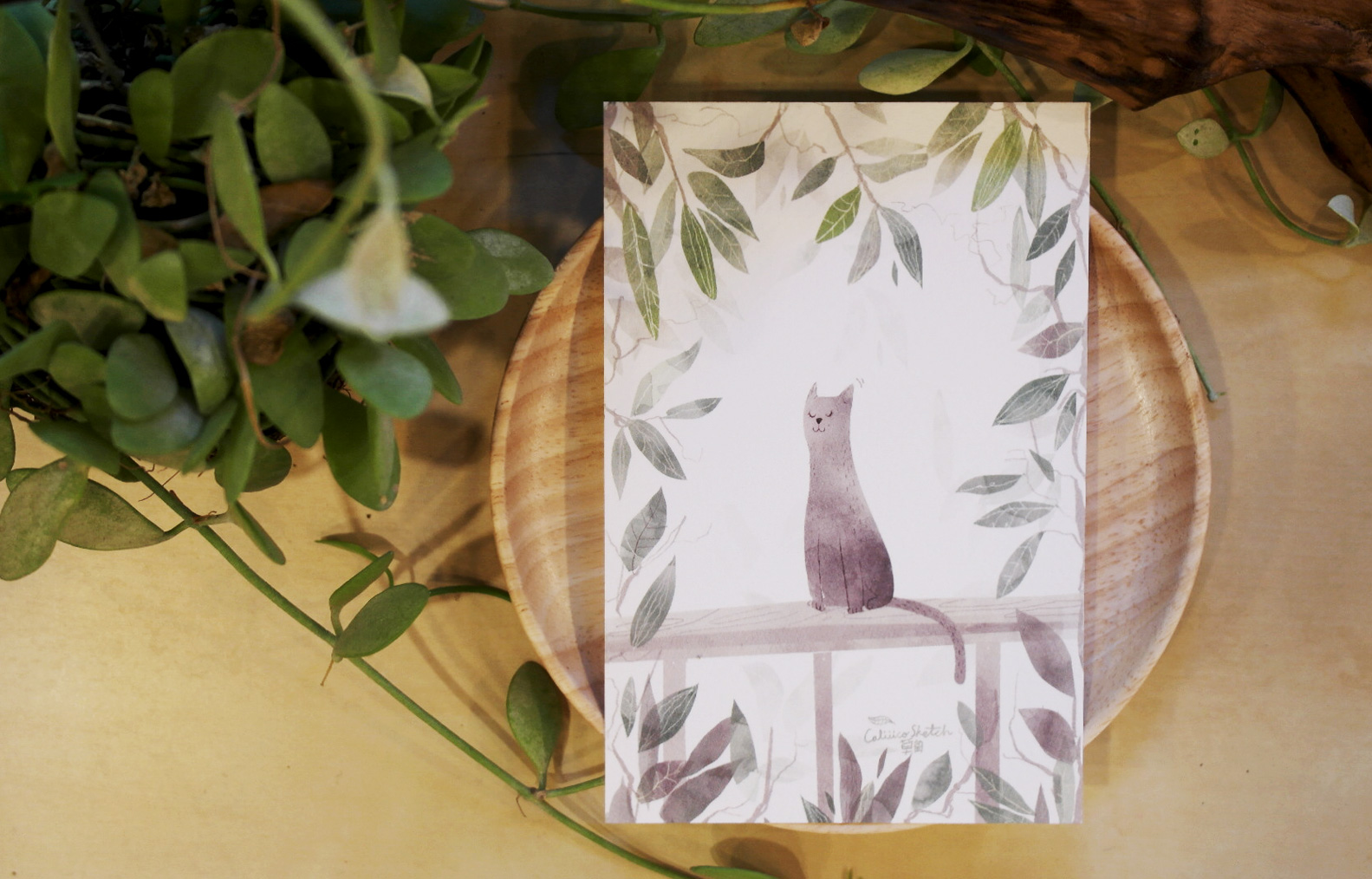 โปสการ์ด ลายแมวโต๊ะใบไม้ Siam cat Leaf illustration postcard 4x6 inch