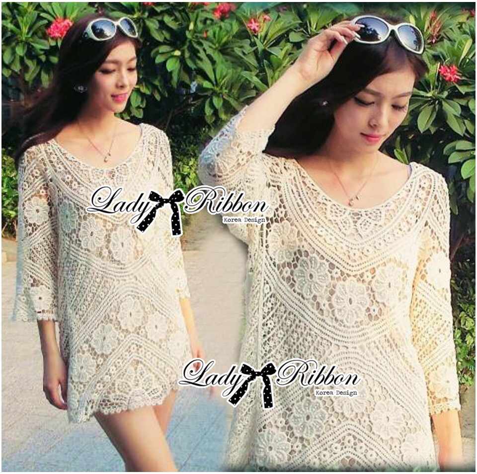 Lady Ribbon's Made 🎀 Lady Glenda Sexy Nude Flower Crochet Mini Dress มินิเดรสผ้าถักโครเชต์ลายดอกไม้สีนู้ด ตัวนี้เหมาะที่จะใส่ในช่วงซัมเมอร์มากๆค่ะ ไว้ใส่ทับบิกินี่ไปทะเลเก๋ๆหรือจะสวมคลุมเดรสก็ได้ค่ะ
