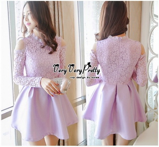 Lady Ribbon Online ขายส่งเสื้อผ้าออนไลน์ Very very pretty VP04030816 Luxury Lace Cut-Out Embroidered Pearls Dress เดรสผ้า