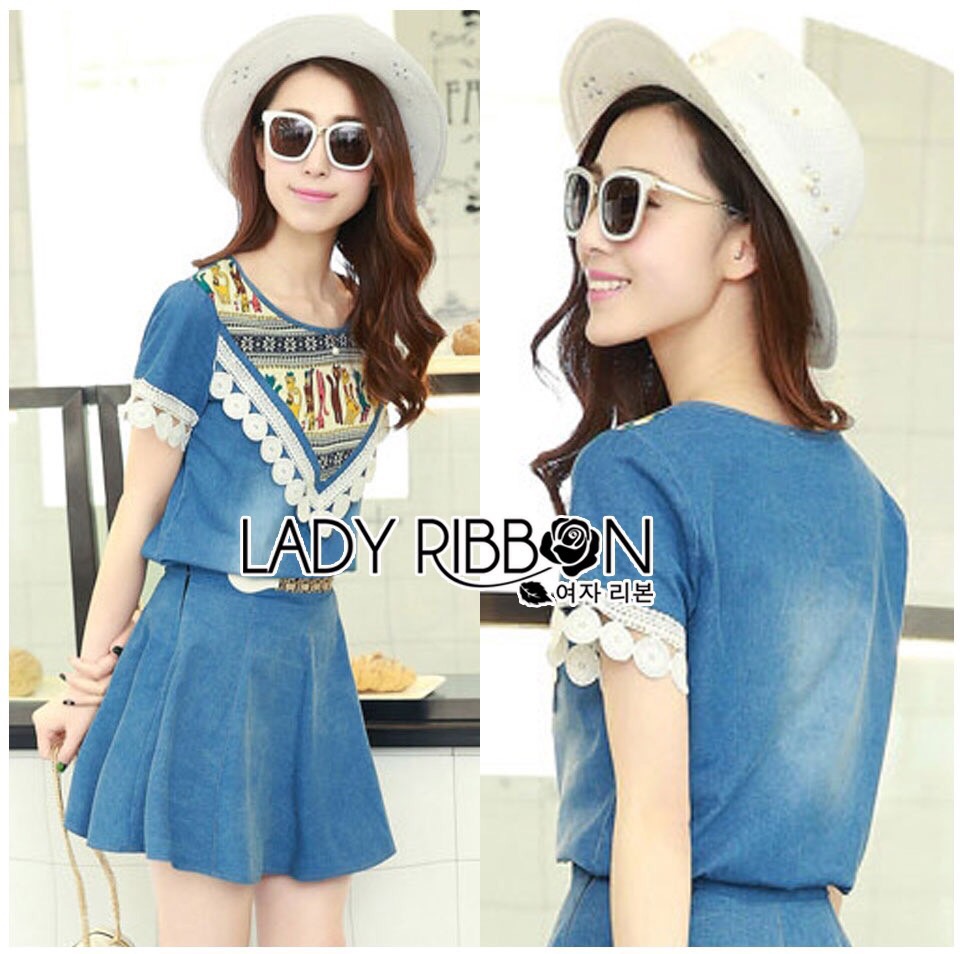Lady Ribbon ขายส่ง LR13260516 🎀 Lady Ribbon's Made 🎀 Lady Delfina Tribal Chic Printed Lace and Denim Set