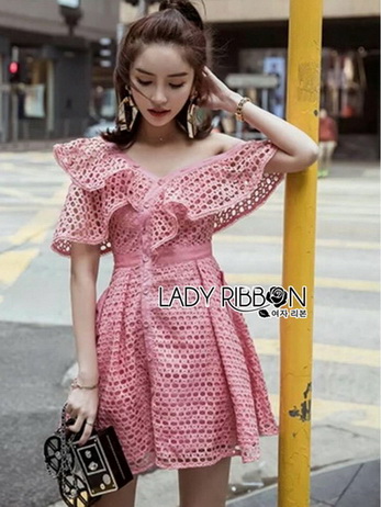 🎀 Lady Ribbon's Made 🎀 Lady Carlie Off-Shoulder Button-Down Bubblegum Pink Lace Dress