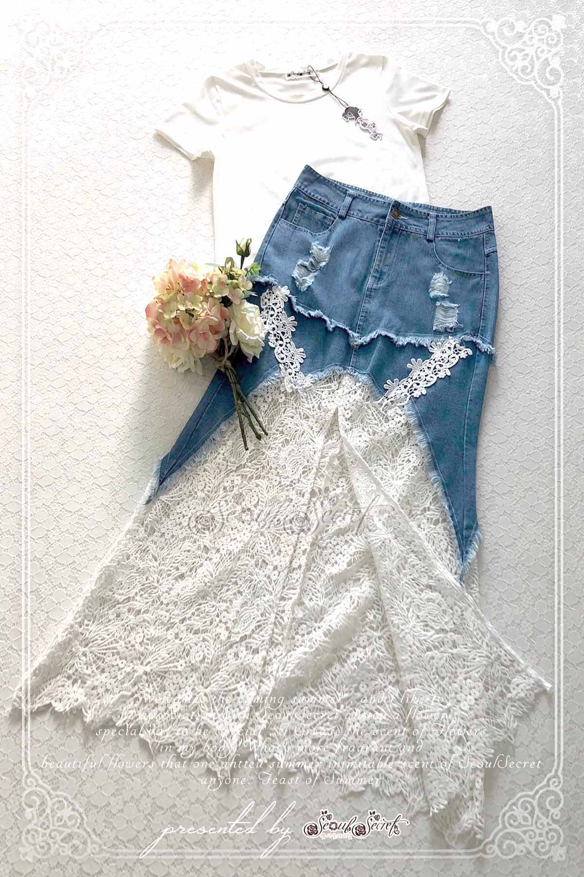 เซ็ทเสื้อยืดคอกลมใส่แมตซ์ชิลล์ๆ กับกระโปรงยีนส์ทรงสอบ