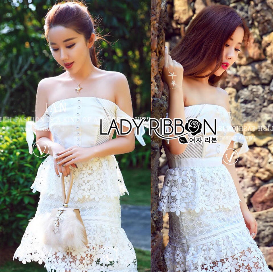 Lady Ribbon's Made 🎀 ของแท้ Self-Portrait Corset and Lace Tiered Dress เสื้อผ้าเดรสเปิดไหล่ผูกเข้าของรูปตกแต่งผเสื้อผ้าลูกไม้สไตล์ Self-Portrait แท้สาวๆ