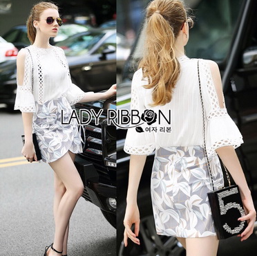 Lady Ribbon Online ขายส่ง เสื้อผ้าออนไลน์ ของแท้ LR01040716 🎀 Lady Ribbon's Made 🎀 Lady Angie Cut-Out Embroidered Lace Cotton Top and Printed Skirt Set