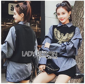 Layered-Sleeve Lady Ribbon Striped Shirt