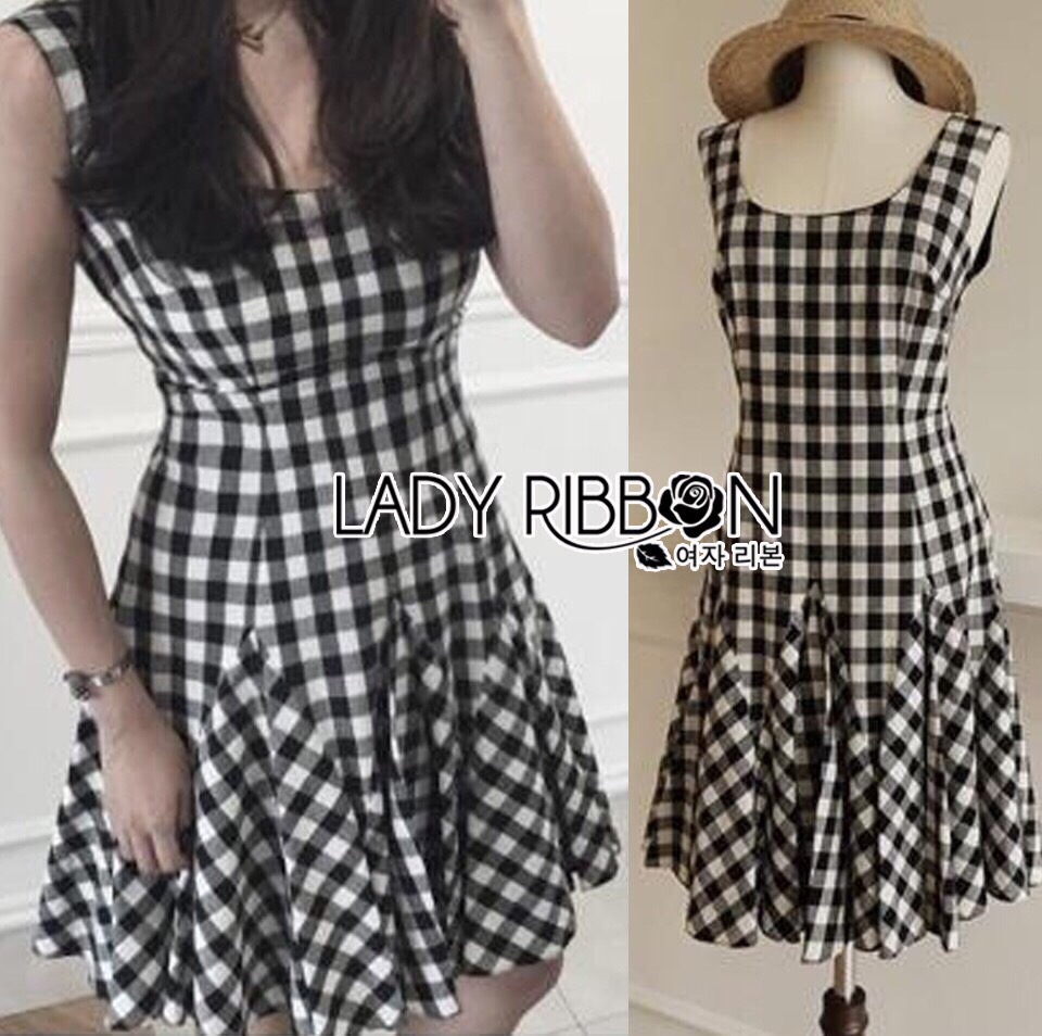 🎀 Lady Ribbon's Made 🎀 Lady Sophie Minimal Chic Checked Printed Apron Dress เดรสทรงเอพ