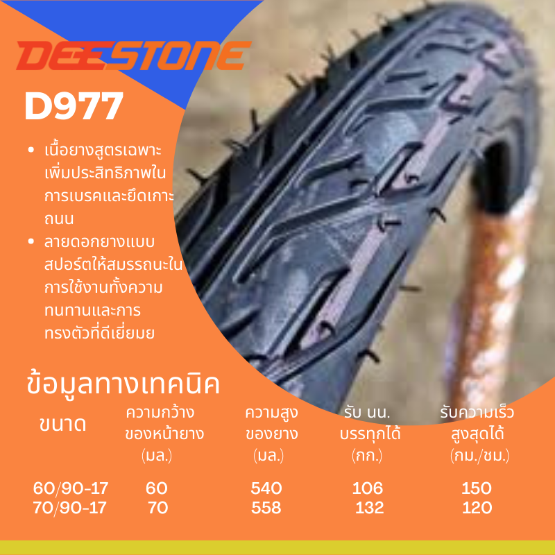 ยางมอเตอร์ไซค์ ขอบ 14 , 17 นิ้ว ยี่ห้อ DEESTONE รุ่น D977 ขนาด 45/90-17 , 50/90-17 , 50/100-17 , 60/90-17 , 70/90-17 , 80/90-17 , 7090-14 , 80/90-14 , 90/90-14